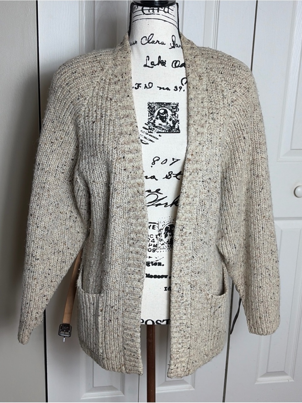 IB Diffusion Womens S Beige Speckled Wool Blend Open Front CardiganSweater VTG